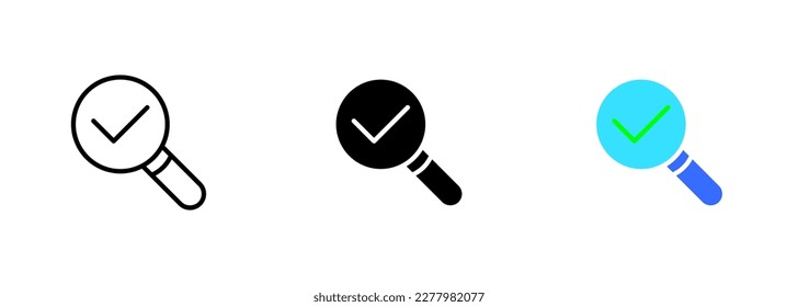 An icon of a magnifying glass with a checkmark, representing the idea of thoroughness and attention to detail in the context. Vector set of icons in line, black and colorful styles isolated.