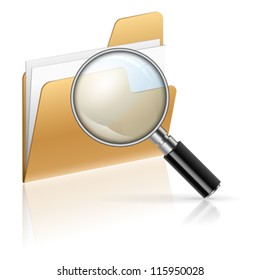 Icon - Magnifying Glass and Folder with Sheets of Paper, Search Concept, isolated on white