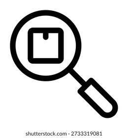 Um ícone de uma lupa inspecionando uma forma quadrada. Desenhado com linhas pretas limpas, este símbolo representa pesquisa, inspeção, verificação, ampliação ou localização de detalhes num contexto logístico ou empresarial.
