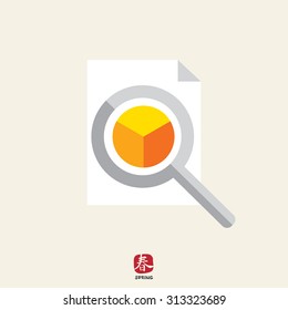 Icon of magnifying glass on document with pie chart