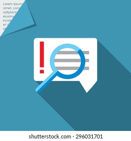 Icon of magnifying glass on important message with exclamation mark in speech bubble