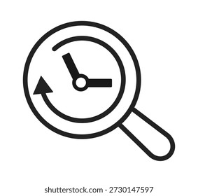 Ein Symbol einer Lupe über einer Uhr, die Zeitsuche und -analyse symbolisiert.
