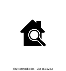 Icon of a magnifying glass over a house, representing home search.