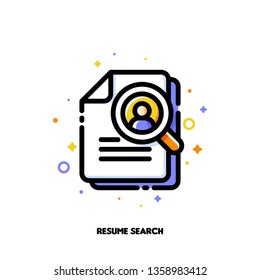 Icon of magnifying glass and resume for professional staff recruitment or searching efficient employees concept. Flat filled outline style. Pixel perfect 64x64. Editable stroke