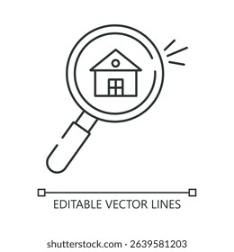 Icon Magnifying glass reveals small house detail. Ideas for real estate, property finding. Vector isolated outline drawing. Editable stroke