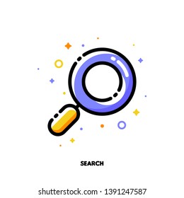 Icon of magnifying glass which symbolizes success internet searching optimization process for SEO concept. Flat filled outline style. Pixel perfect 64x64. Editable stroke