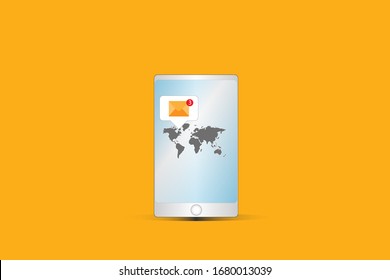 Icon mail notification on world map in  mobile phone on red background