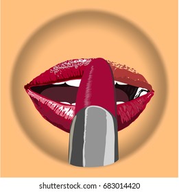 icon make up lipstick smudge  mark smear  face  glamour Red lips with pomade make up on body co lore plate.  Sexy biting red lips make pomade. Vector- illustration.
