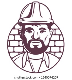 Icon of a male builder or foreman in a helmet on a brick background. character outline on white. vector illustration