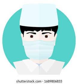 Icon of a male doctor in a medical mask and a medical cap, vector illustration