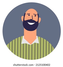 Icono de hombre con barba de estilo plano aislado en fondo blanco. Retrato de un hombre europeo en círculo. Avatar de un hombre sonriente feliz con la cabeza calva. Vector.