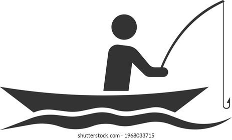 Icon of a man in a boat with a fishing rod. Vector image isolated on a white background. Flat icon in black style. Signs and symbols for websites, web design, and mobile apps.