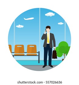 Icon a Man with a Briefcase Talking on the Phone in a Waiting Room, Businessman in Flight Waiting Hall, Travel and Tourism Concept, Flat Design, Vector Illustration 