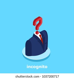 icon of a man in a business suit and instead of a head a question mark, an isometric image