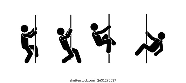 icon, man climbing up rope, set sticks stickman figure isolated silhouette on transparent background