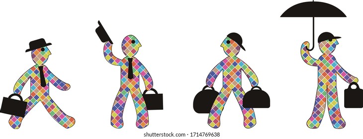 Icon of a man with a color fill. Simplified vector illustration of a person in various poses and different everyday situations: with briefcase, suitcases, umbrella. Series of symbol. To be continued.