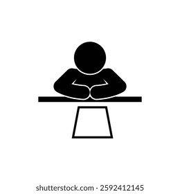 icon man at desk, at table, working day, document, stick figure, human silhouette, isolated on transparent