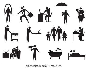 Icon of man doing his daily routine. Vector illustration.