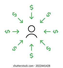 icon of man and dollars around. concept of targeted marketing, modern network with man in center like opinion leader, donation. isolated simple linear sign on white background