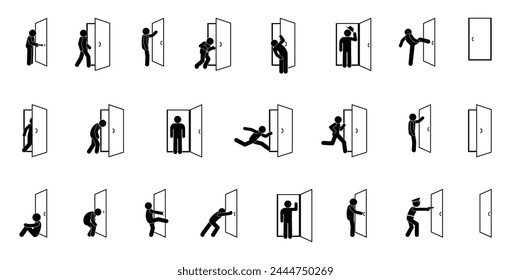 icon with a man with a door, stick figure man opens and closes the door, isolated silhouettes of people, entrance and exit