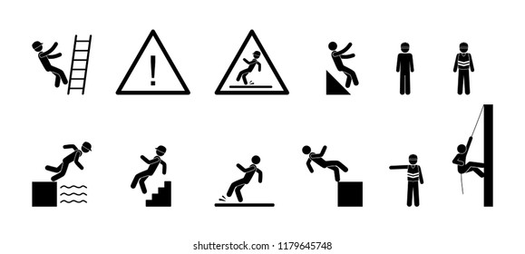 Icono de gotas, símbolos de seguridad industrial, personas con figuras de palos, signo de advertencia de pictograma