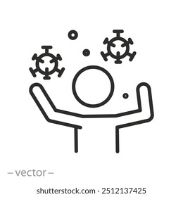 icon of man fights viruses, bacteria and fungi, human immunity, thin line symbol on white background - editable stroke vector illustration