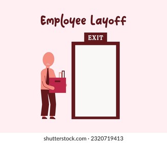 Icon man fired or laid off from work. Unemployment, crisis, jobless and employee job reduction. A man walking toward exit door. Icon vector illustration isolated background