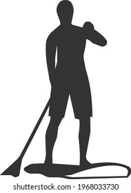 Icon of a man floating on a board with oars. A human surfer with a paddle. Hot summer. Vacation. с isolated on a white background. Flat icon in black style.