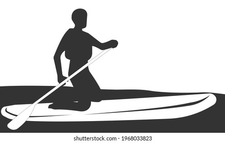 Icon of a man floating on a board with oars. A human surfer with a paddle. Hot summer. Vacation. с isolated on a white background. Flat icon in black style.