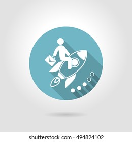 Icon man flying on a rocket symbolizes the rapid growth in career