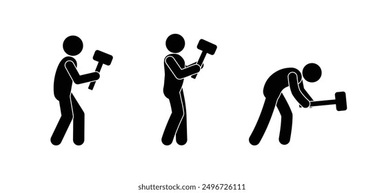 icon man with hammer, sticks figure people work, sledgehammer illustration