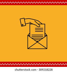 Icon of man hand putting sheet of paper into envelope