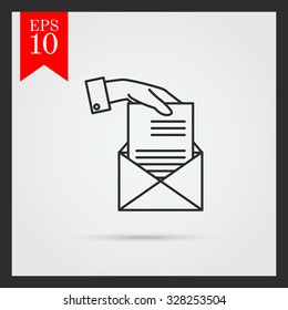 Icon of man hand putting sheet of paper into envelope