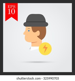 Icon of man in hat and lightning sign