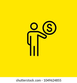 Icon of man holding coin. Money, cash, currency. Finance concept. Can be used for topics like finance, investment, profit.