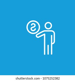Icon of man holding coin. Money, cash, currency. Finance concept. Can be used for topics like finance, investment, profit.