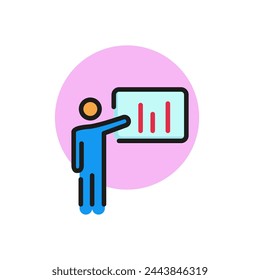 Icon of man, holding presentation. Marketing, speaker, diagram. Analysis concept. Can be used for topics like business, conference, reporting.