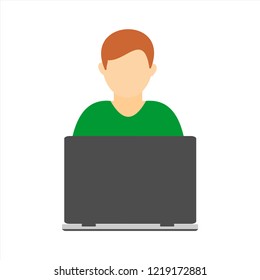 Icon of man with laptop computer. Flat vector illustration.