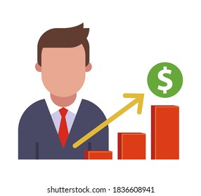 icono man hace un informe sobre el crecimiento de ventas. ilustración de carácter de vector plano.