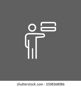 Icon of man, presenting credit card. Debit, money, payment. Finance concept. Can be used for topics like bank, commerce, buying.