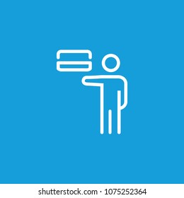 Icon of man, presenting credit card. Debit, money, payment. Finance concept. Can be used for topics like bank, commerce, buying.