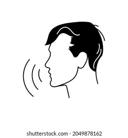 Icon of man profile face with audio waves. Concept of podcast or audiobook with boy head. Male voice sign for translator or assistant application. Simple black white logo. Vector isolated illustration