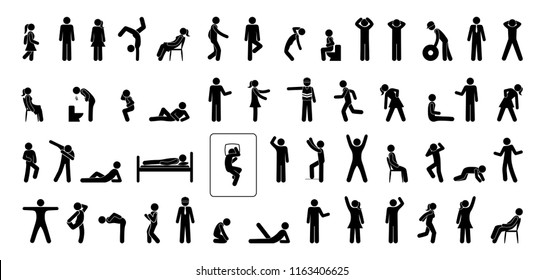 icon man, set of pictograms people, stick figure isolated human silhouettes, man stands, sits, lies, runs, various situations and postures, gestures and movements