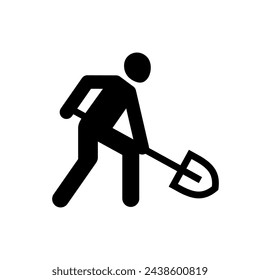 Icon of a man with a shovel. Symbol of work or road works. Repair or vegetable garden sign.