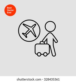 Icon of man silhouette carrying suitcase and airplane emblem in circle