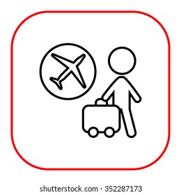 Icon of man silhouette carrying suitcase and airplane emblem in circle