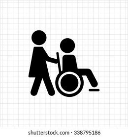 Icon of man silhouette in  wheelchair being assisted by nurse
