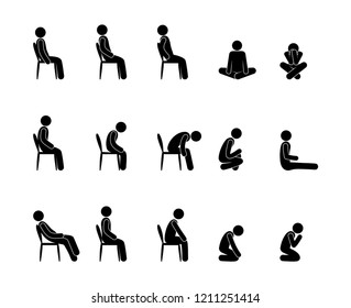 icon man sits, a set of pictograms, various postures and body positions of seated people, stick figure human silhouette