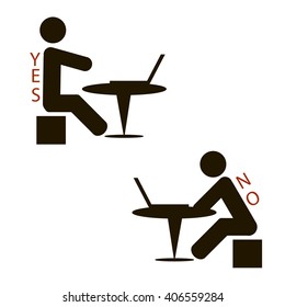  Icon man sitting at the table. Icon man at the computer. Right and wrong position of a seated person. Vector illustration.