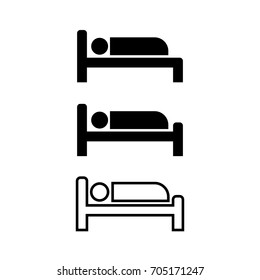 Icon Man Sleep On The Bed For Hotel, Black, White Color And Line.